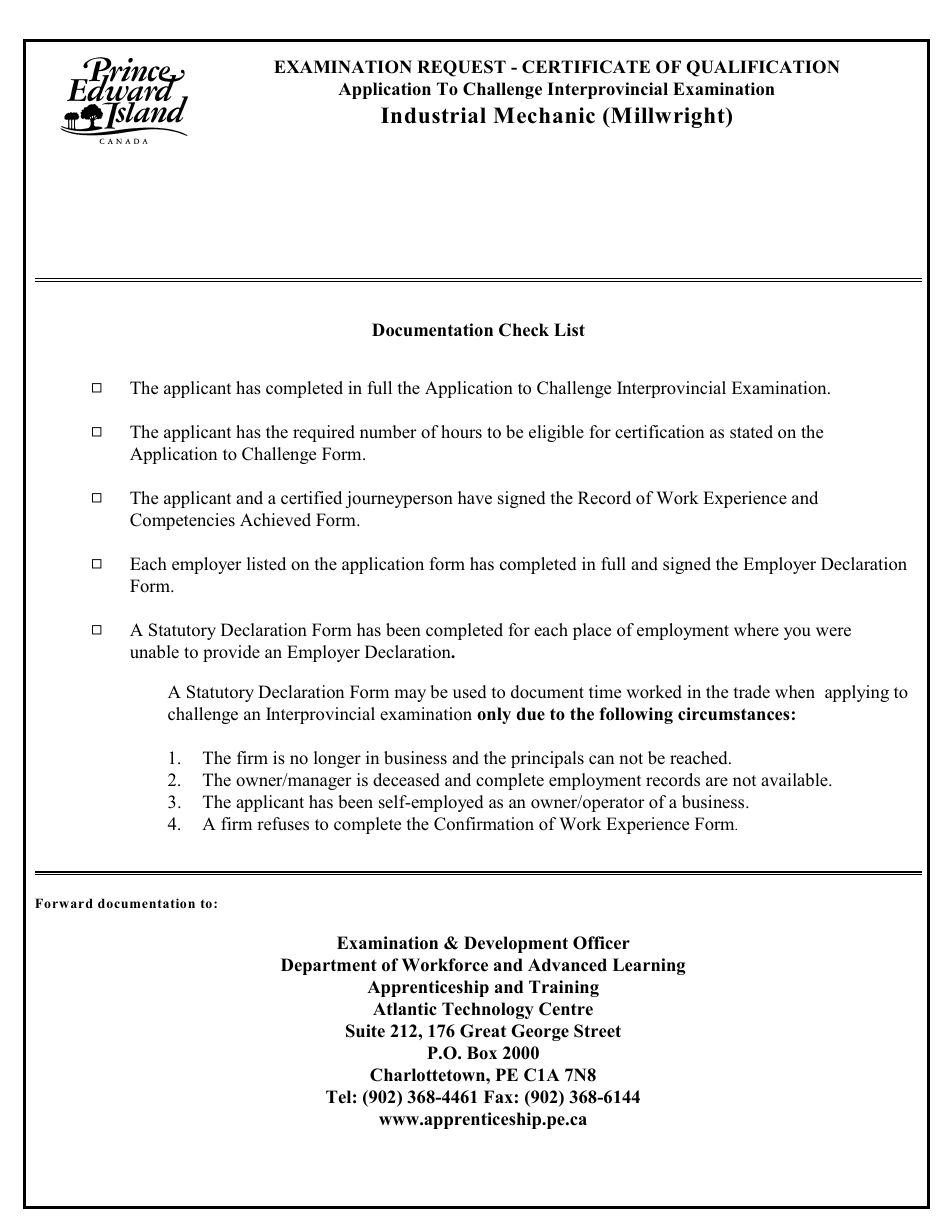 Industrial Mechanic (Millwright) Application to Challenge Interprovincial Examination - Prince Edward Island, Canada, Page 2