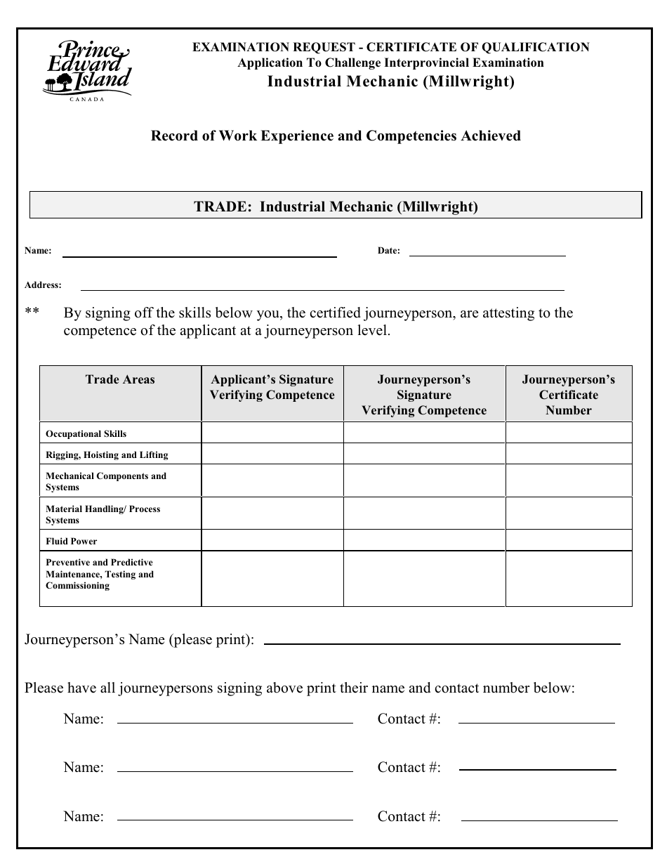 Industrial Mechanic (Millwright) Application to Challenge Interprovincial Examination - Prince Edward Island, Canada, Page 3