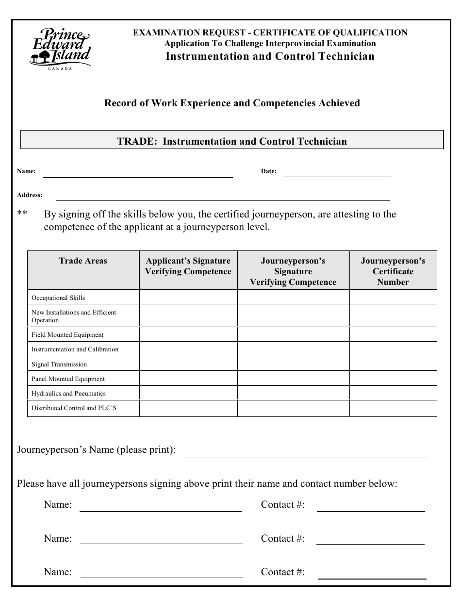 Instrumentation and Control Technician Application to Challenge Interprovincial Examination - Prince Edward Island, Canada, Page 3