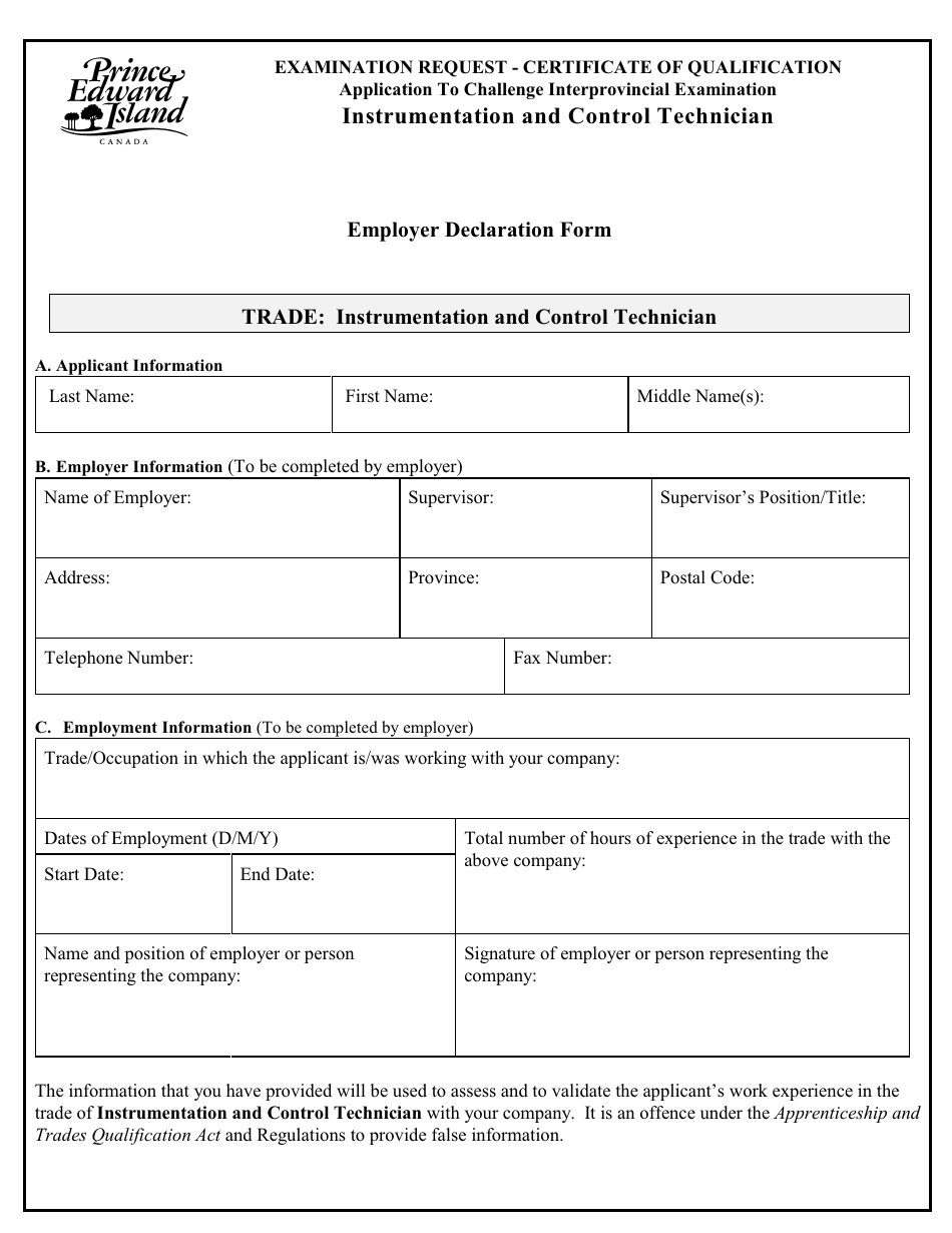 Instrumentation and Control Technician Application to Challenge Interprovincial Examination - Prince Edward Island, Canada, Page 4
