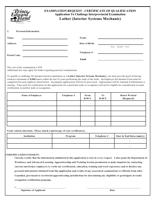 Lather (Interior Systems Mechanic) Application to Challenge Interprovincial Examination - Prince Edward Island, Canada Download Pdf
