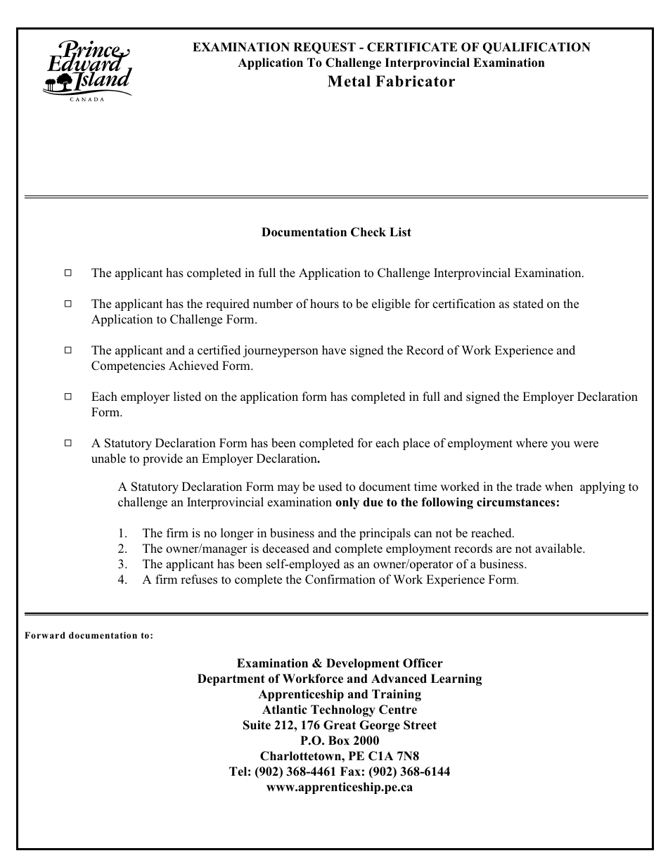 Metal Fabricator Application to Challenge Interprovincial Examination - Prince Edward Island, Canada, Page 2