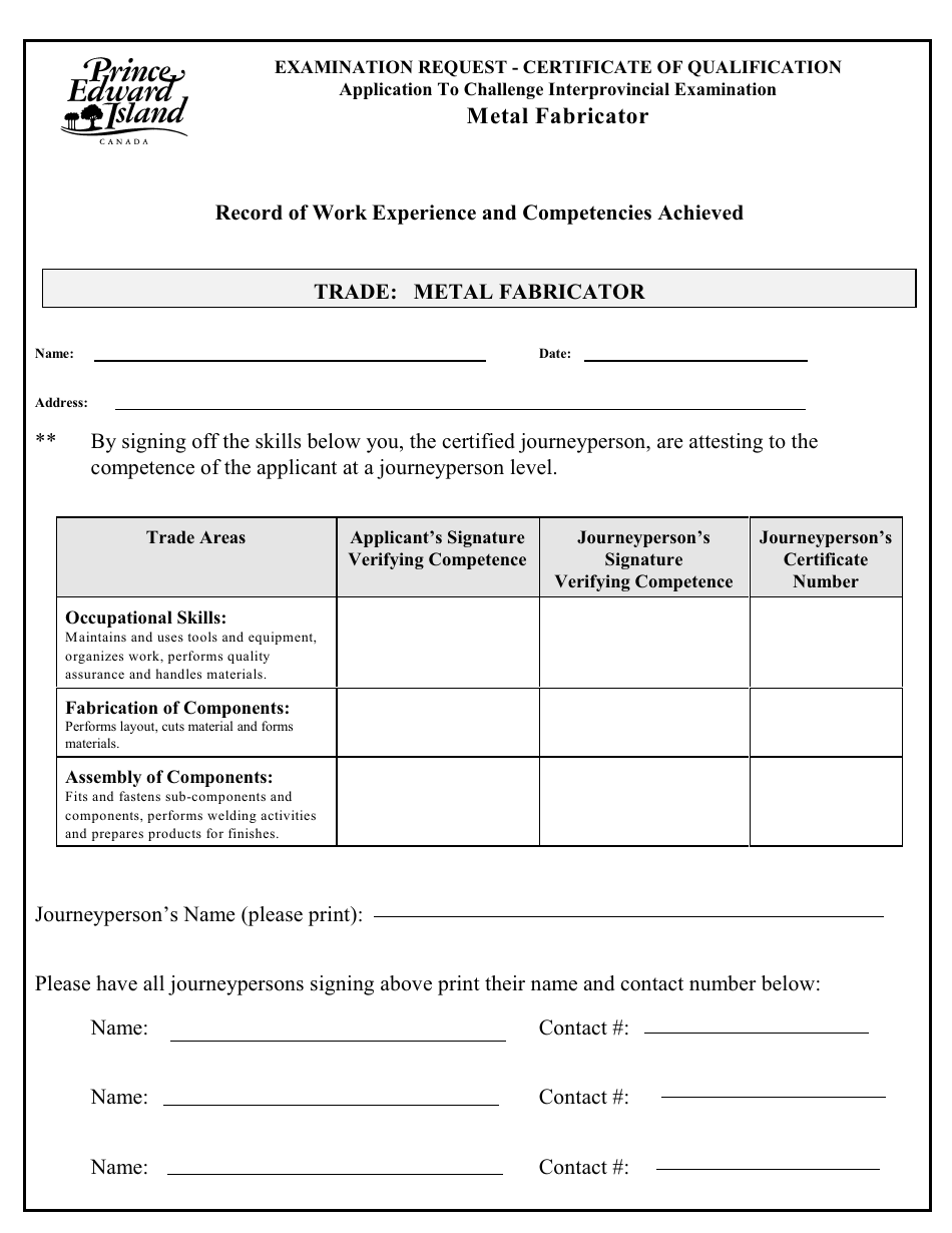 Metal Fabricator Application to Challenge Interprovincial Examination - Prince Edward Island, Canada, Page 3