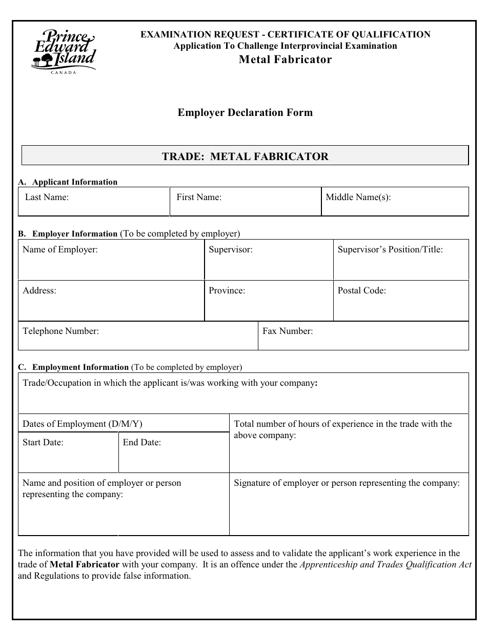 Metal Fabricator Application to Challenge Interprovincial Examination - Prince Edward Island, Canada, Page 5