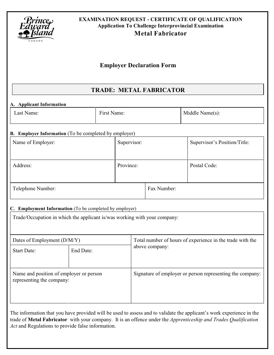 Metal Fabricator Application to Challenge Interprovincial Examination - Prince Edward Island, Canada, Page 6