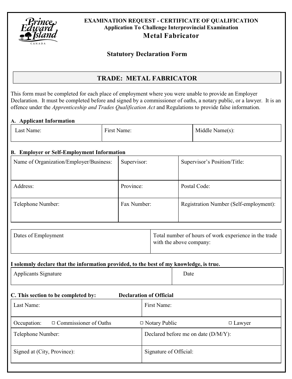 Metal Fabricator Application to Challenge Interprovincial Examination - Prince Edward Island, Canada, Page 7