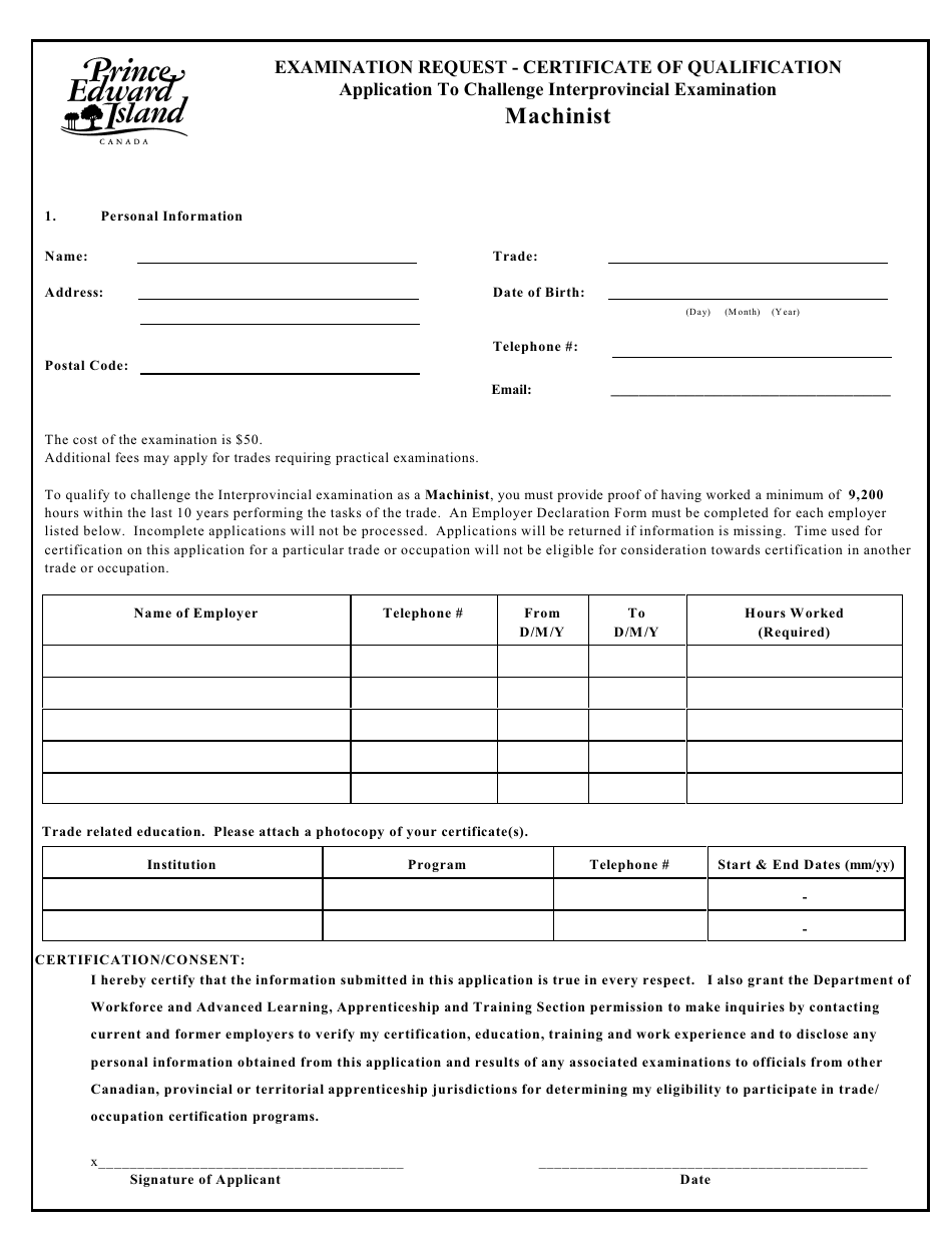 Machinist Application to Challenge Interprovincial Examination - Prince Edward Island, Canada, Page 1