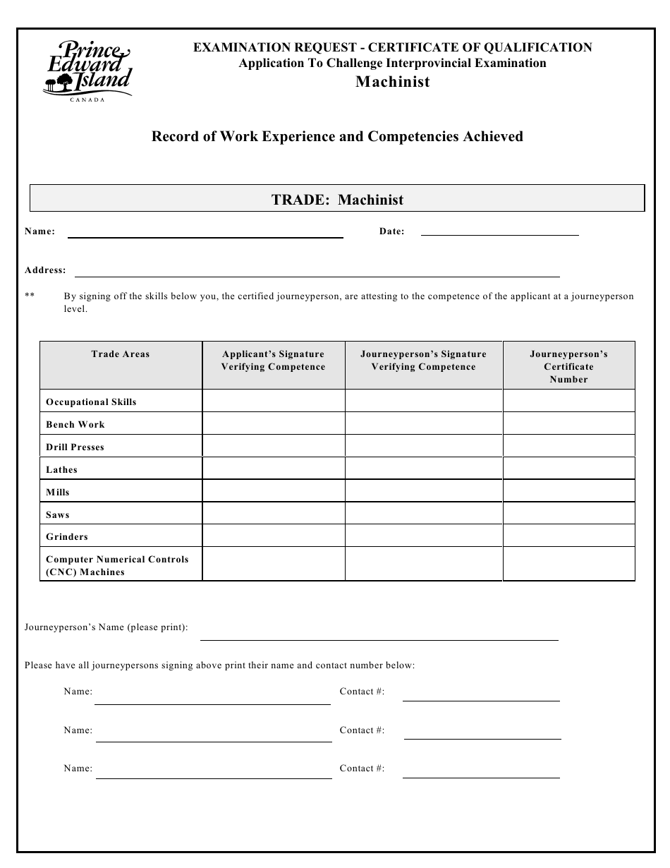 Machinist Application to Challenge Interprovincial Examination - Prince Edward Island, Canada, Page 3