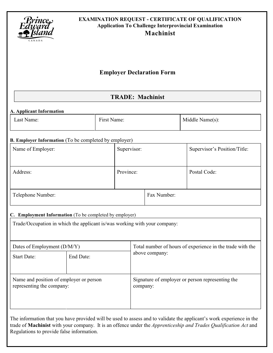 Machinist Application to Challenge Interprovincial Examination - Prince Edward Island, Canada, Page 4