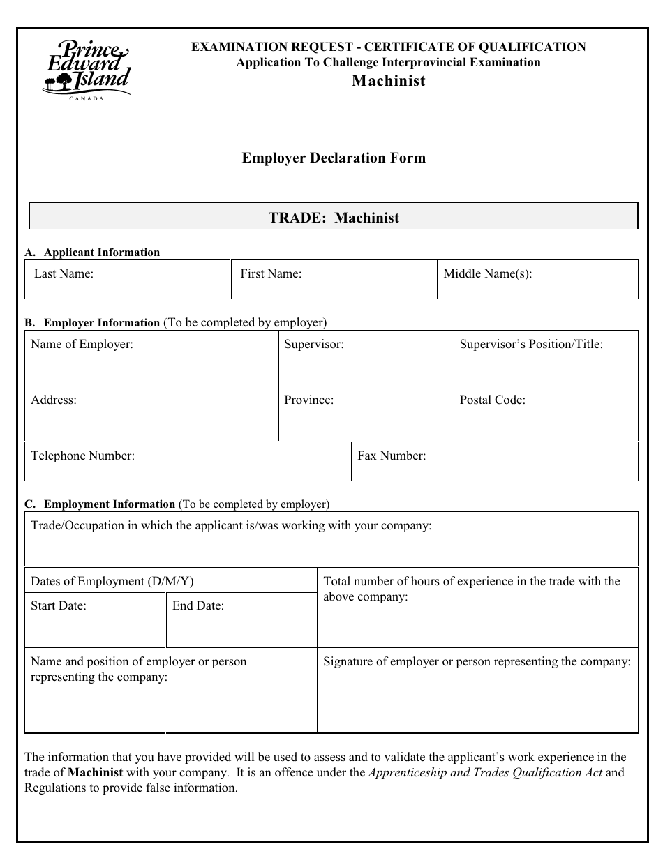 Machinist Application to Challenge Interprovincial Examination - Prince Edward Island, Canada, Page 6