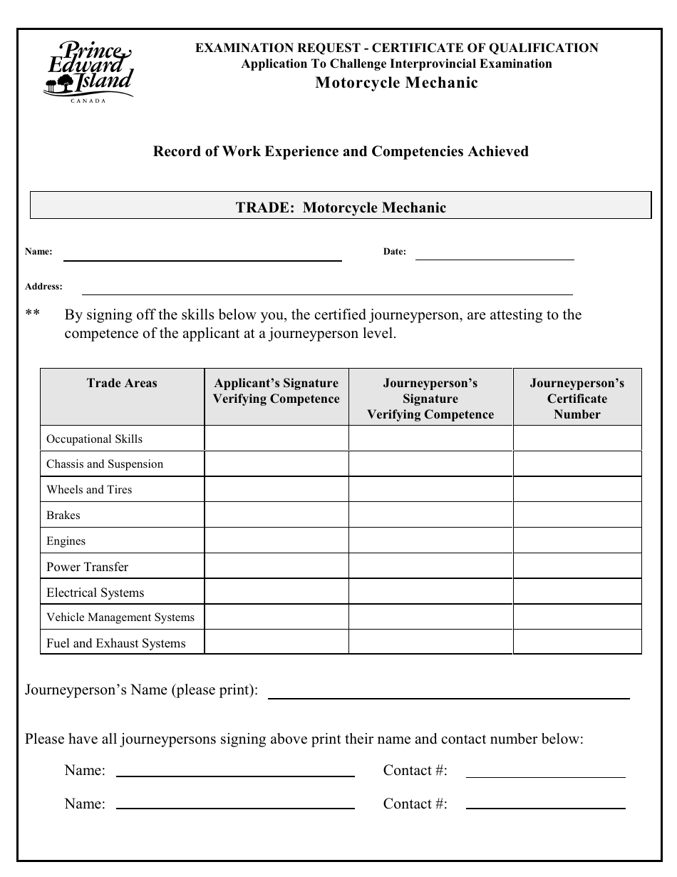 Motorcycle Mechanic Application to Challenge Interprovincial Examination - Prince Edward Island, Canada, Page 3