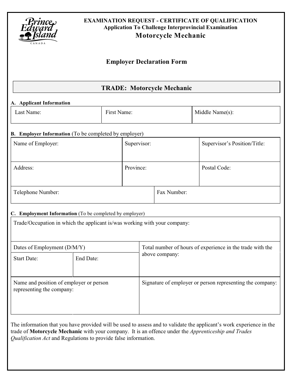 Motorcycle Mechanic Application to Challenge Interprovincial Examination - Prince Edward Island, Canada, Page 6