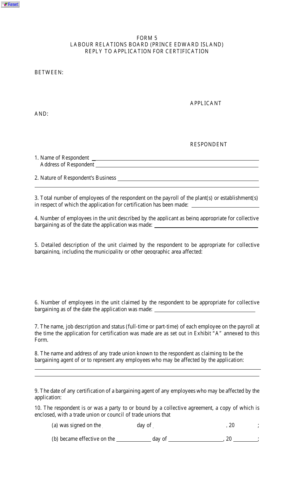 Form 5 Reply to Application for Certification - Prince Edward Island, Canada, Page 1