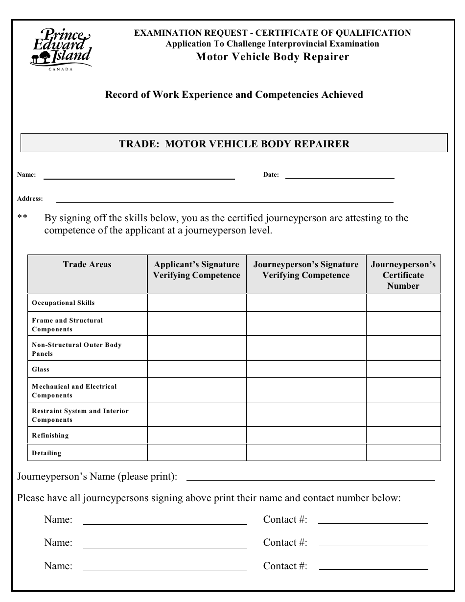 Motor Vehicle Body Repairer Application to Challenge Interprovincial Examination - Prince Edward Island, Canada, Page 3