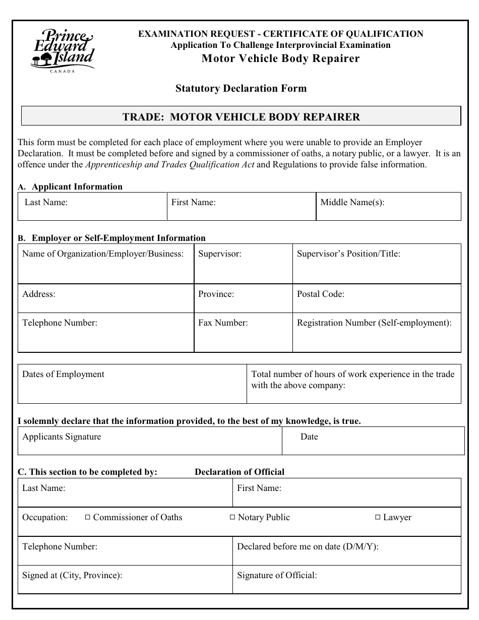 Motor Vehicle Body Repairer Application to Challenge Interprovincial Examination - Prince Edward Island, Canada, Page 7