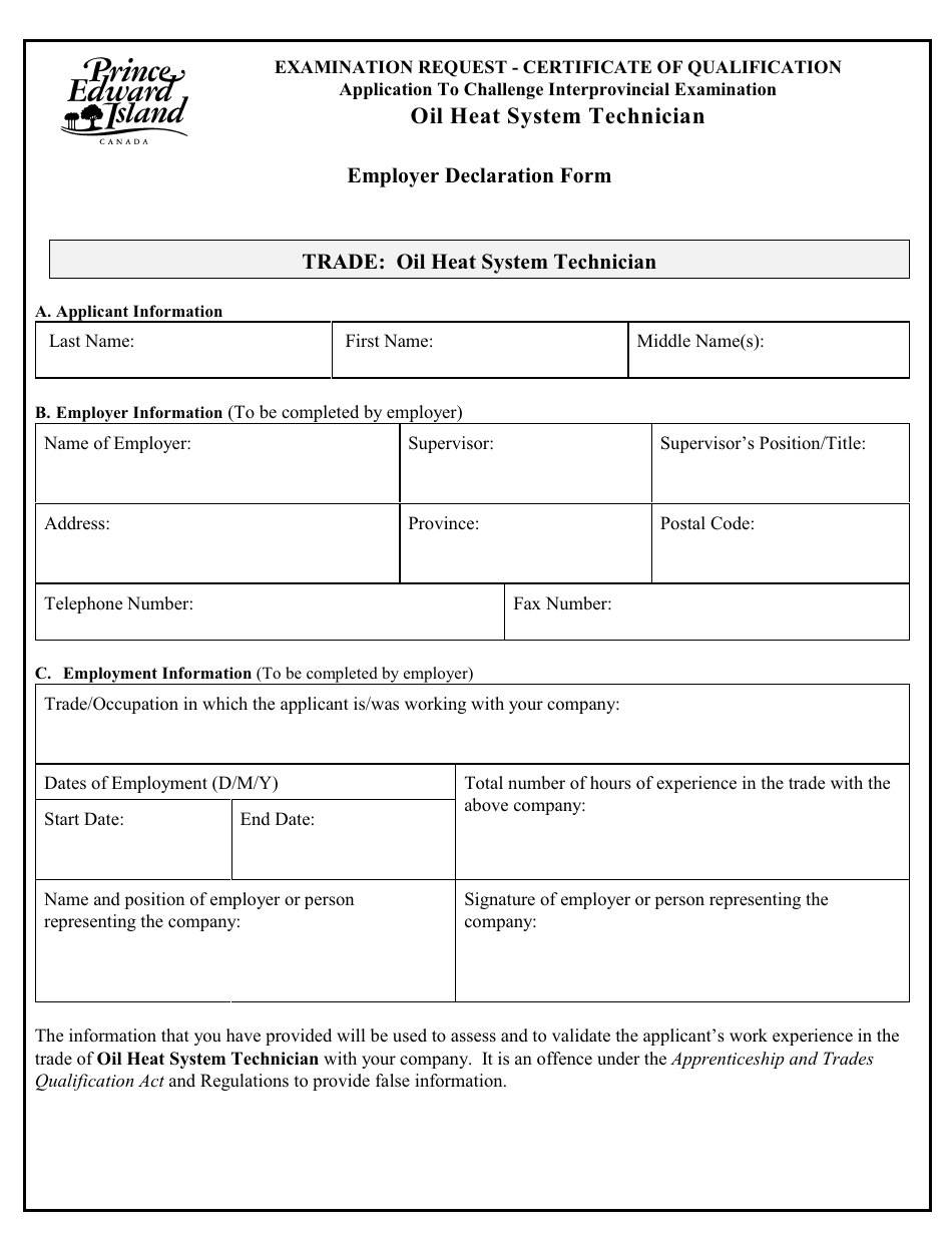 Oil Heat System Technician Application to Challenge Interprovincial Examination - Prince Edward Island, Canada, Page 4