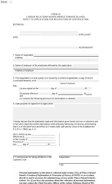 Form 10 Reply to Application for Revocation of Certification - Prince Edward Island, Canada