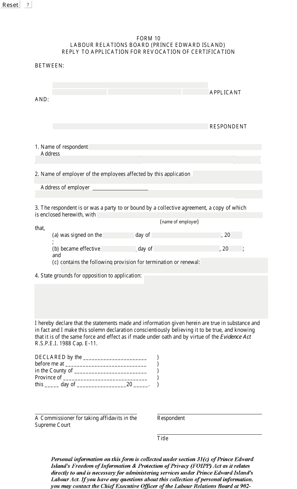 Form 10 Reply to Application for Revocation of Certification - Prince Edward Island, Canada, Page 1