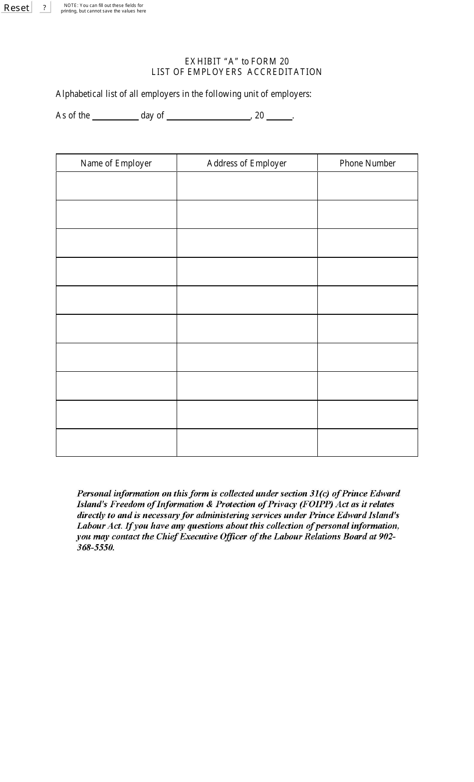 Form 20 Exhibit A List of Employers Accreditation - Prince Edward Island, Canada, Page 1