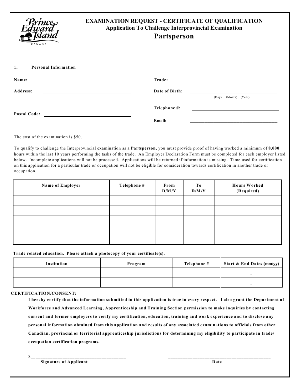 Partsperson Application to Challenge Interprovincial Examination - Prince Edward Island, Canada, Page 1
