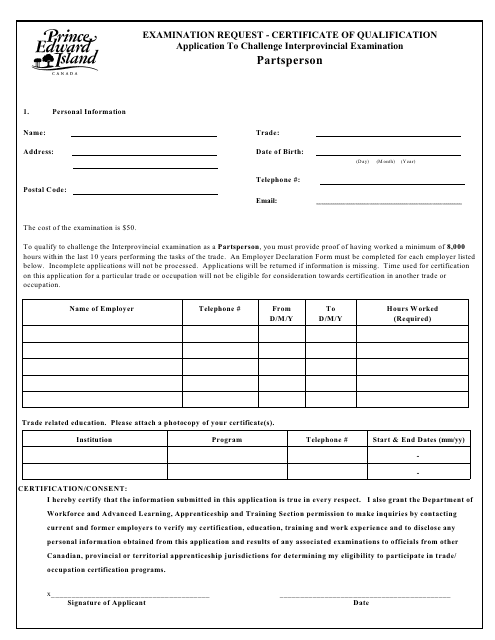 Partsperson Application to Challenge Interprovincial Examination - Prince Edward Island, Canada Download Pdf