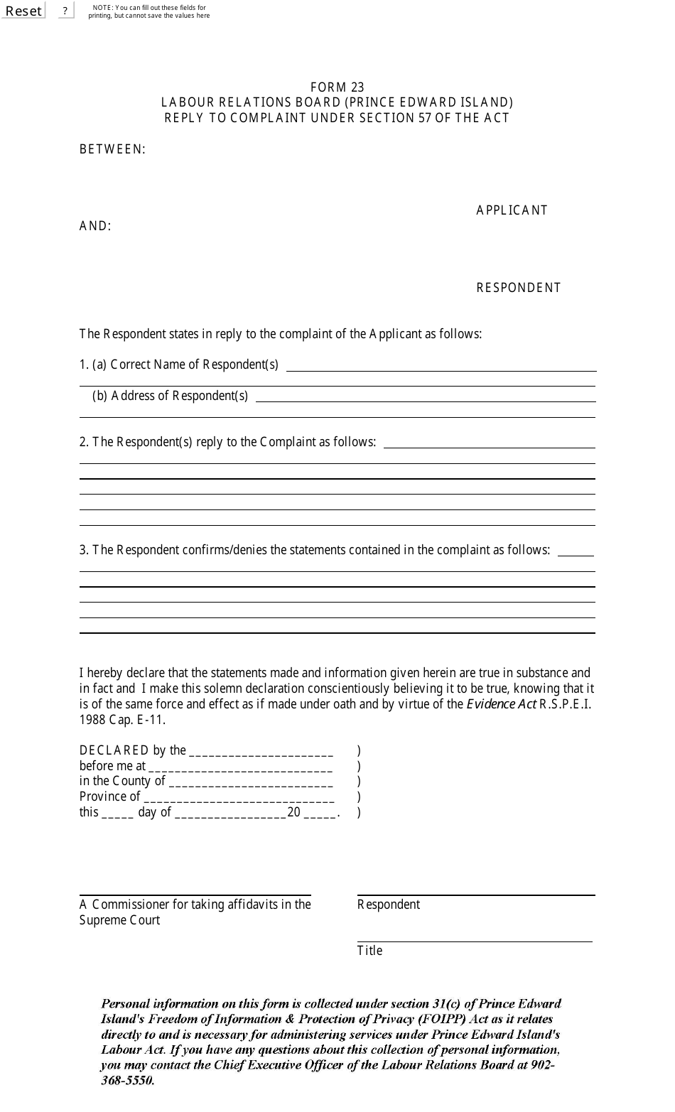 Form 23 Reply to Complaint Under Section 57 of the Act - Prince Edward Island, Canada, Page 1