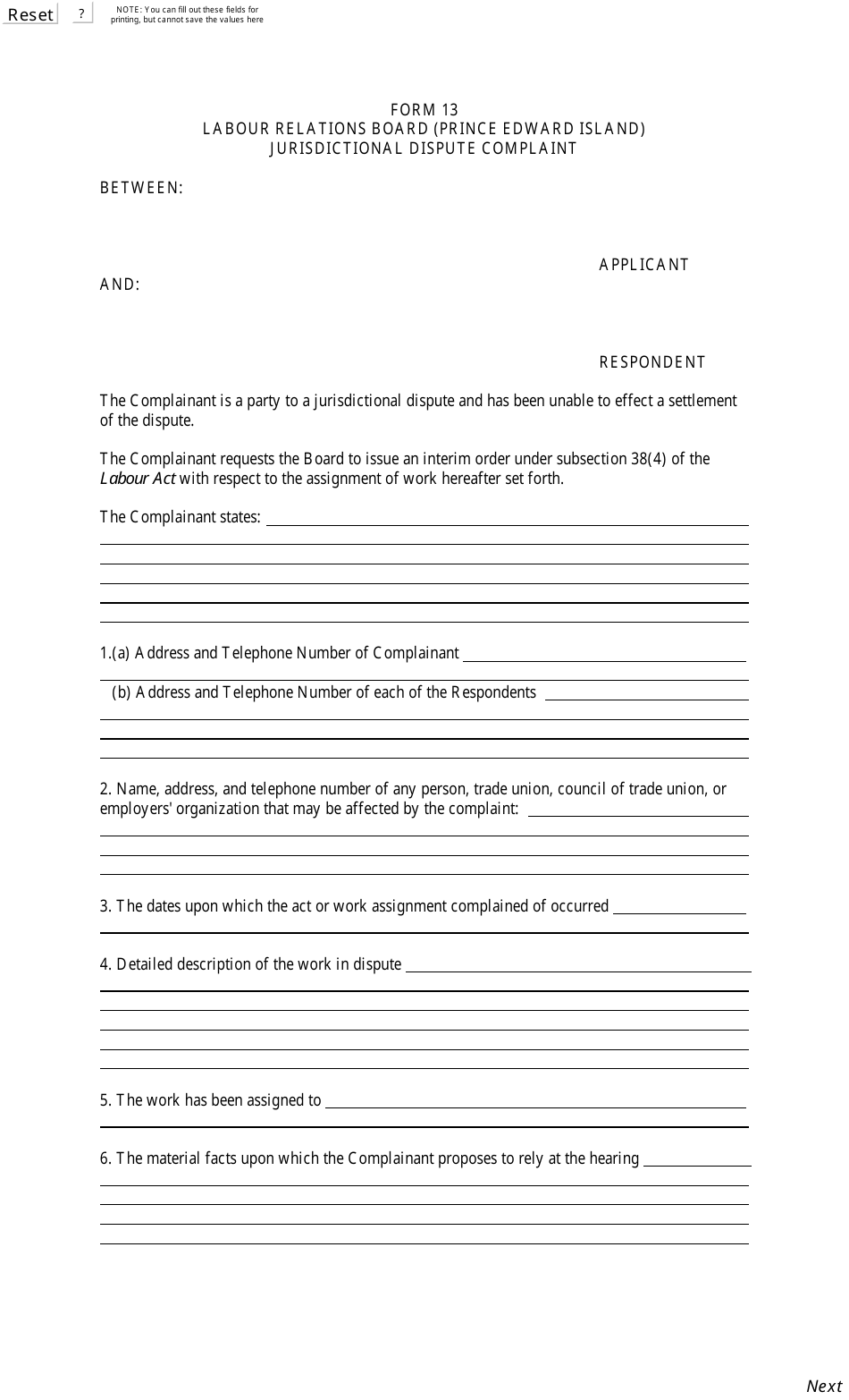 Form 13 Jurisdictional Dispute Complaint - Prince Edward Island, Canada, Page 1