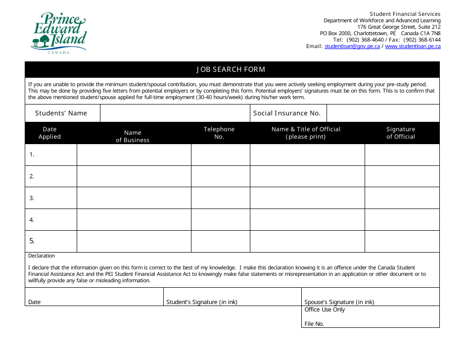 Job Search Form - Prince Edward Island, Canada, Page 1