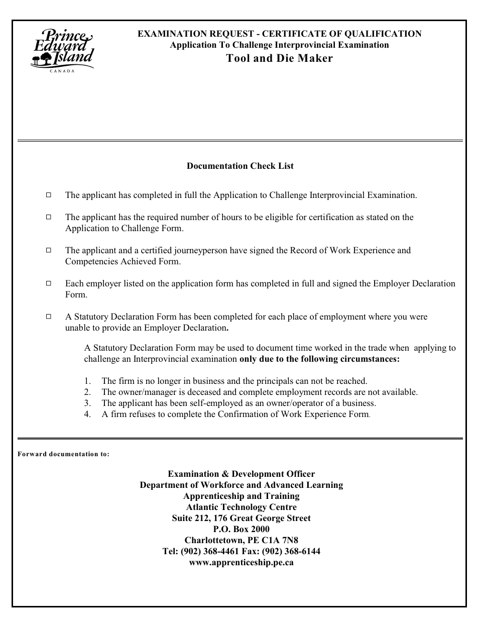 Tool and Die Maker Application to Challenge Interprovincial Examination - Prince Edward Island, Canada, Page 2
