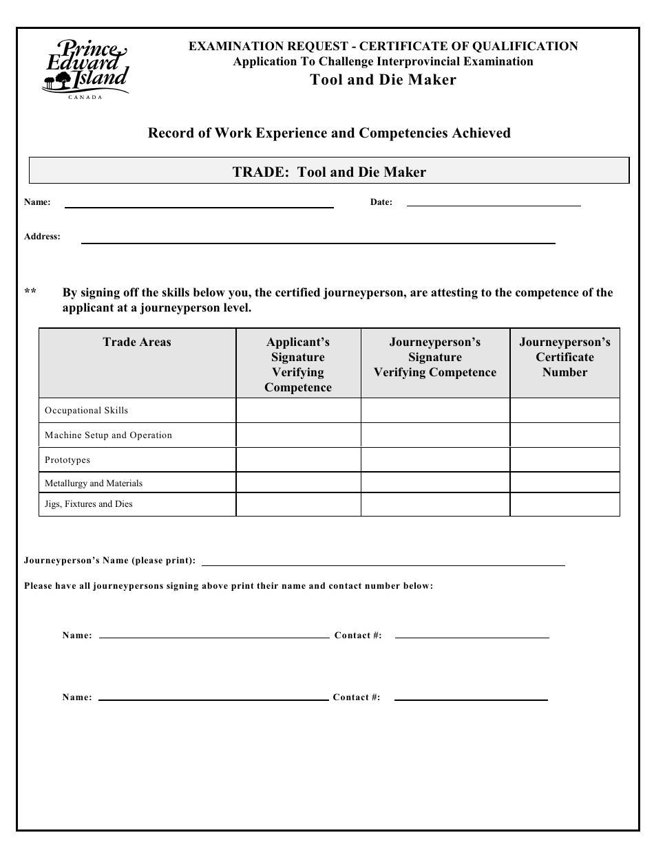 Tool and Die Maker Application to Challenge Interprovincial Examination - Prince Edward Island, Canada, Page 3
