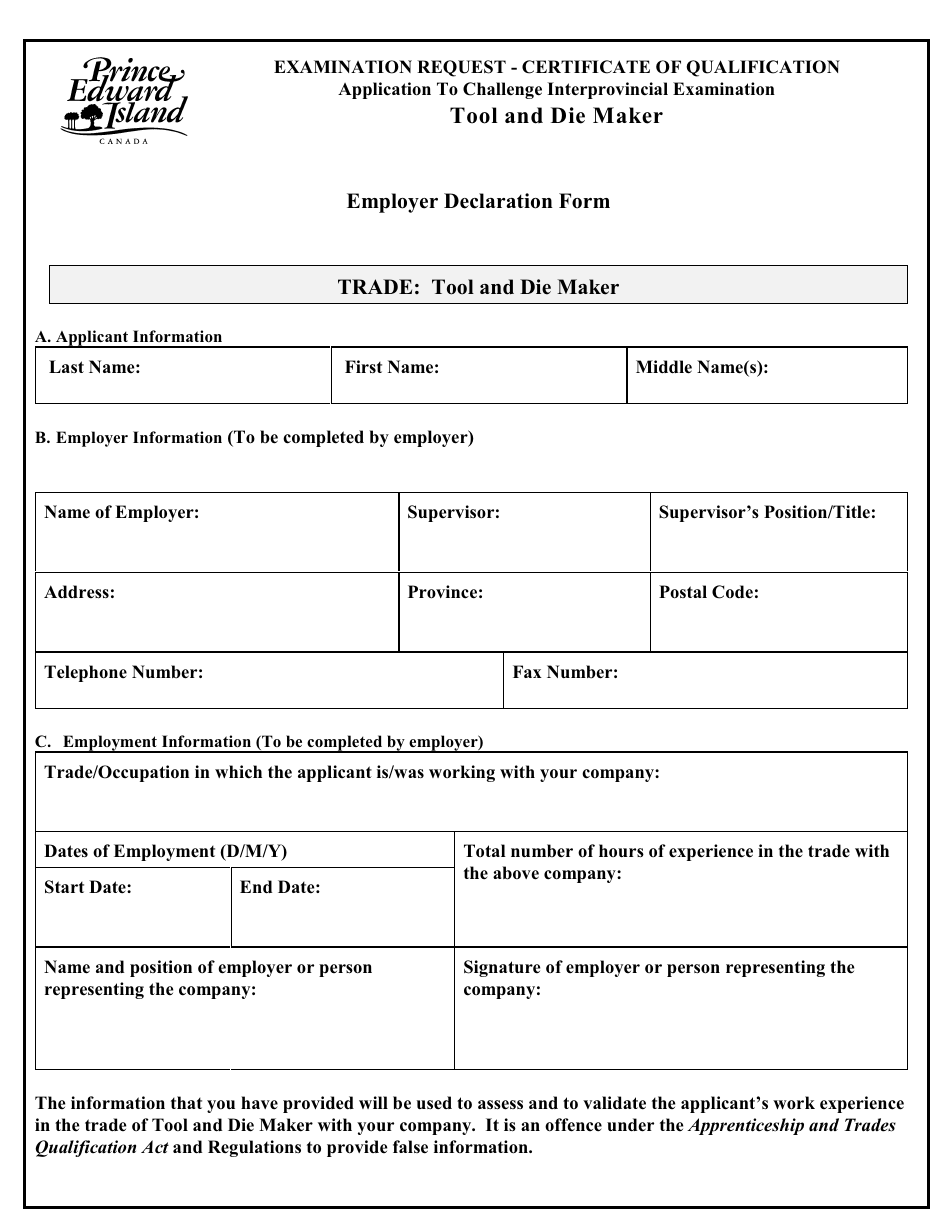Tool and Die Maker Application to Challenge Interprovincial Examination - Prince Edward Island, Canada, Page 4