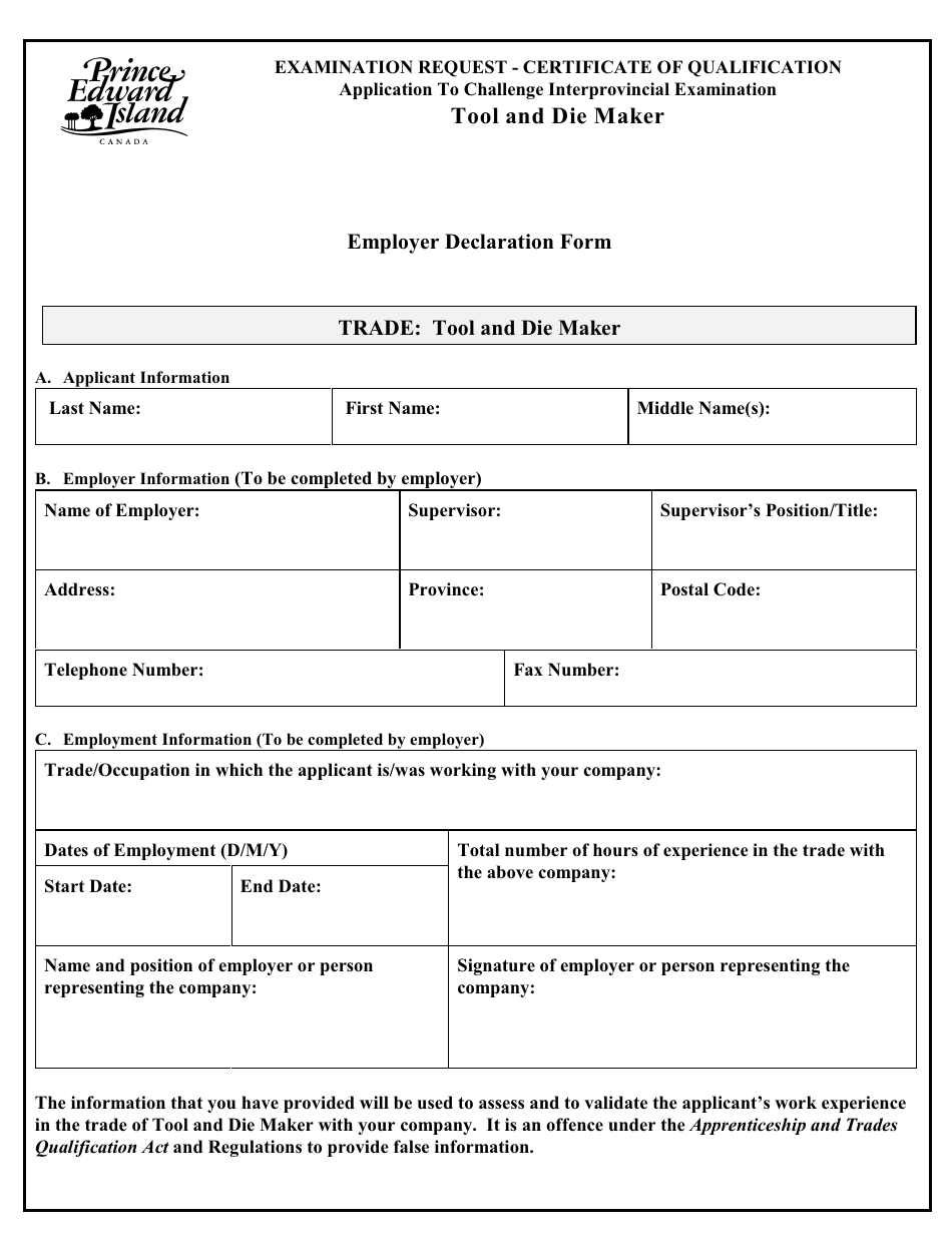 Tool and Die Maker Application to Challenge Interprovincial Examination - Prince Edward Island, Canada, Page 5