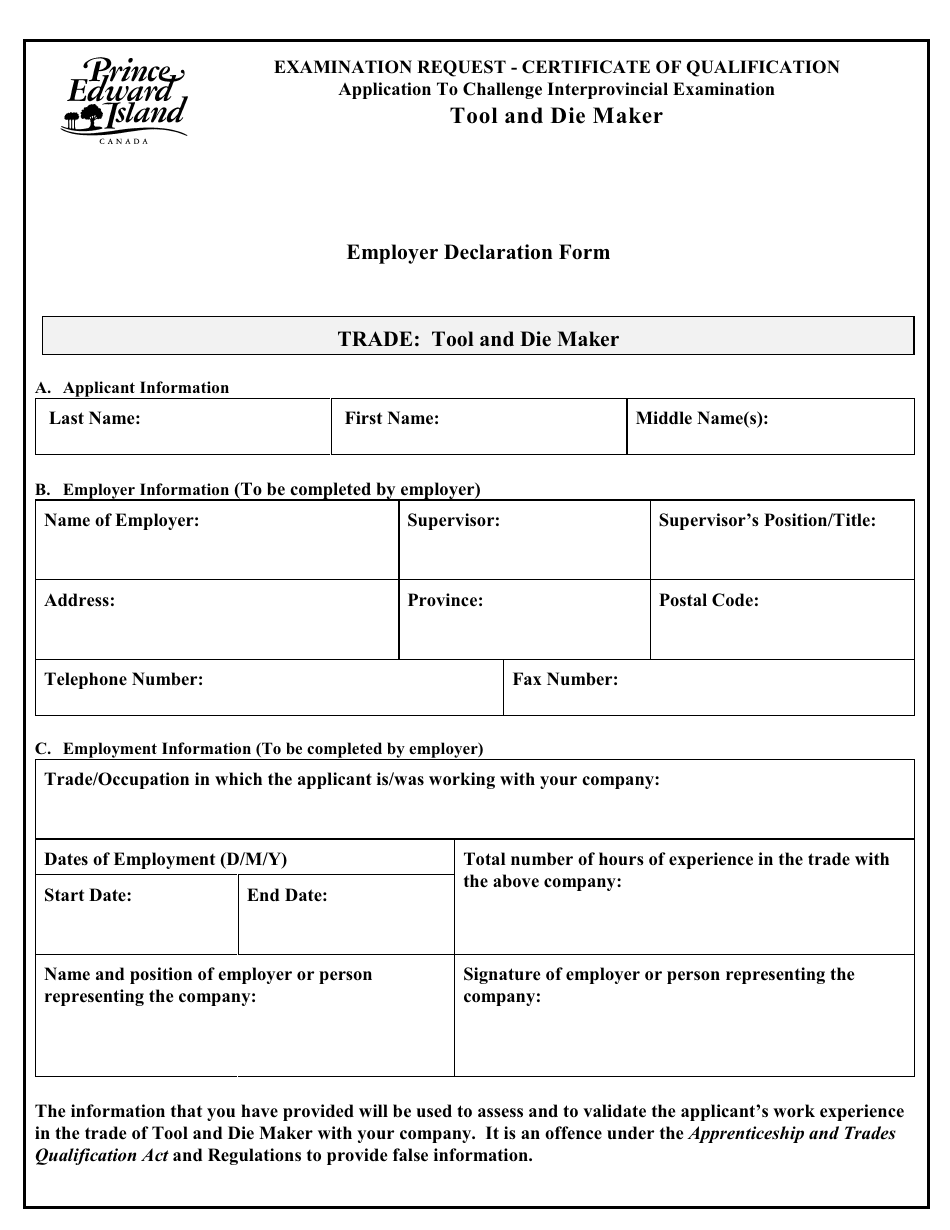 Tool and Die Maker Application to Challenge Interprovincial Examination - Prince Edward Island, Canada, Page 6