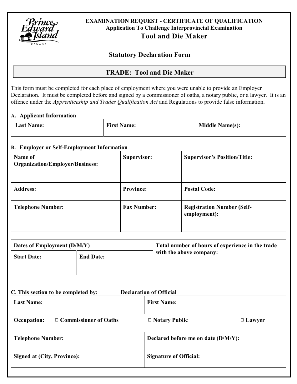Tool and Die Maker Application to Challenge Interprovincial Examination - Prince Edward Island, Canada, Page 7