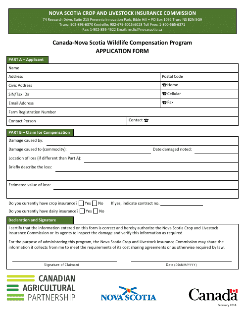 Canada-nova Scotia Wildlife Compensation Program Application Form - Nova Scotia, Canada Download Pdf