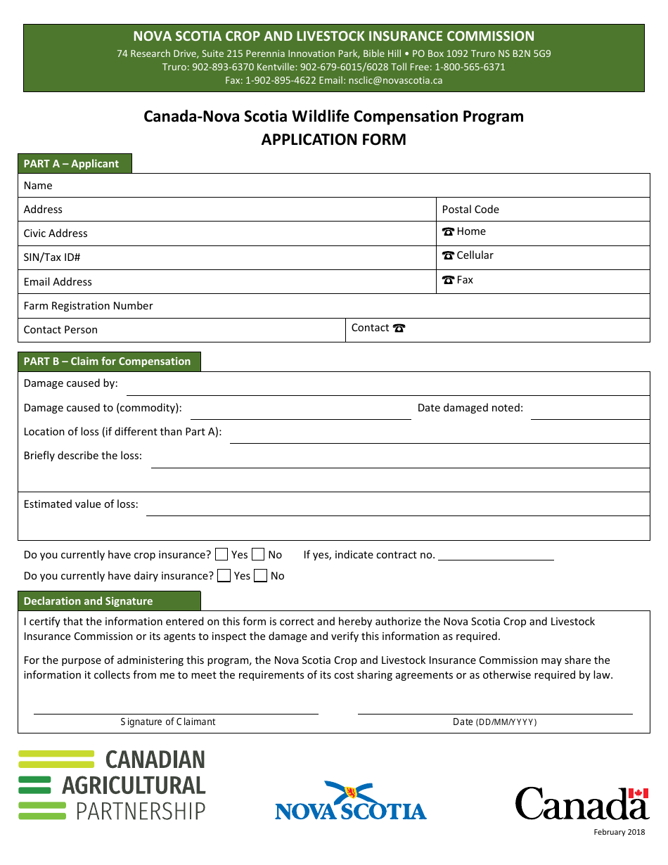 Canada-nova Scotia Wildlife Compensation Program Application Form - Nova Scotia, Canada, Page 1