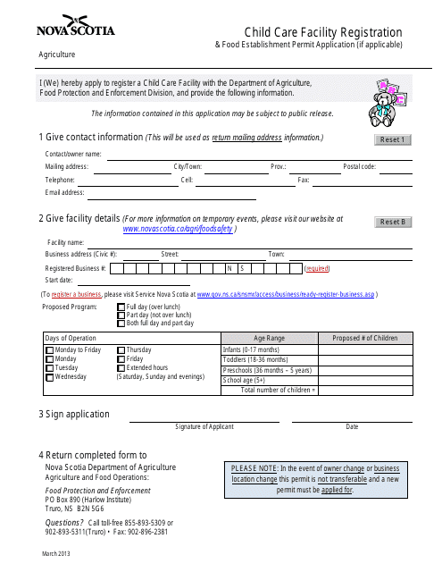 Child Care Facility Registration & Food Establishment Permit Application - Nova Scotia, Canada