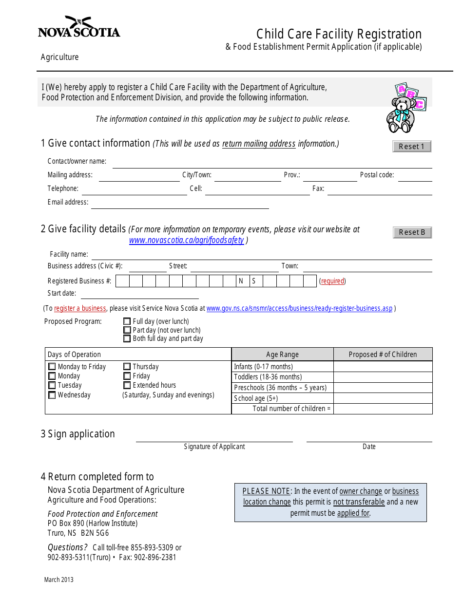 Child Care Facility Registration  Food Establishment Permit Application - Nova Scotia, Canada, Page 1