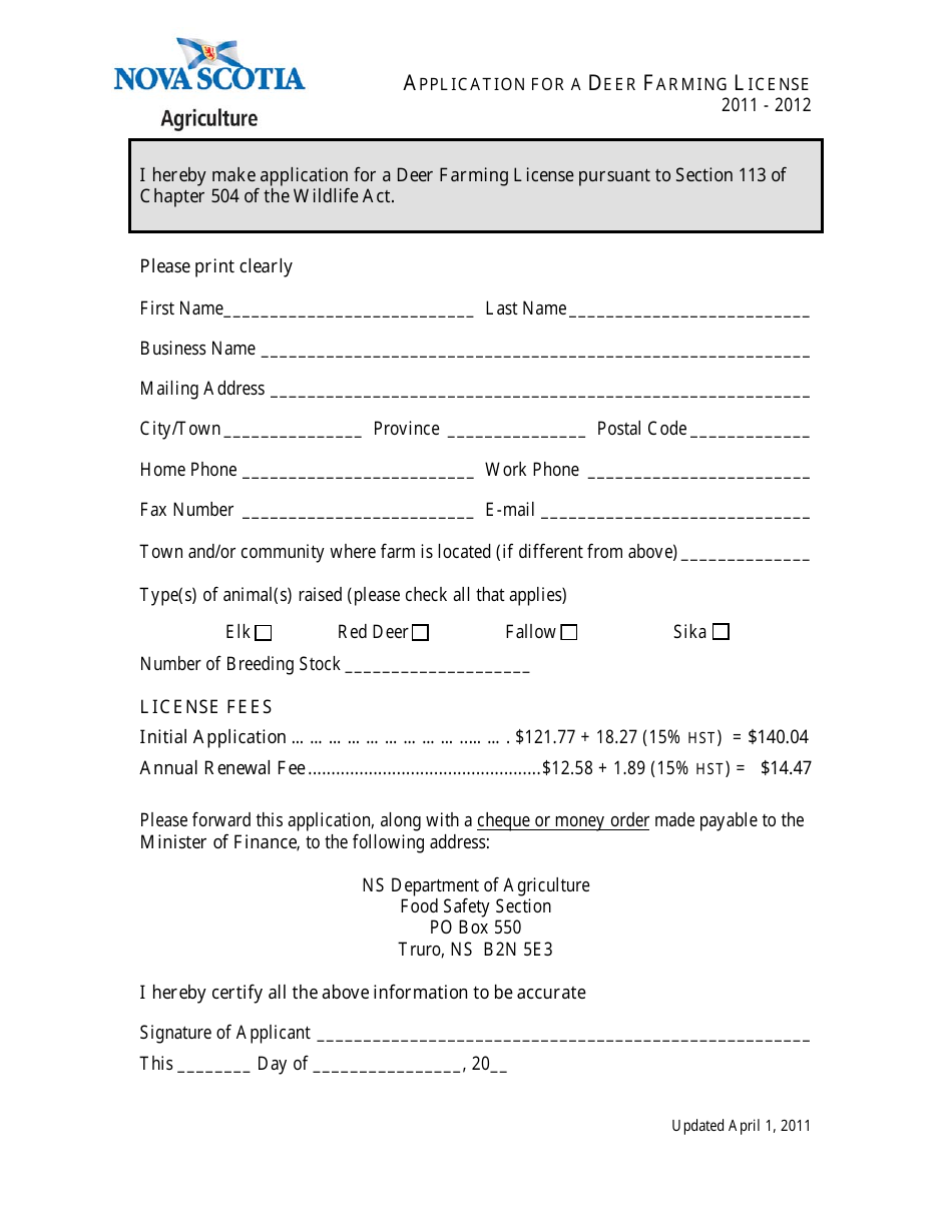 Application for a Deer Farming License - Nova Scotia, Canada, Page 1