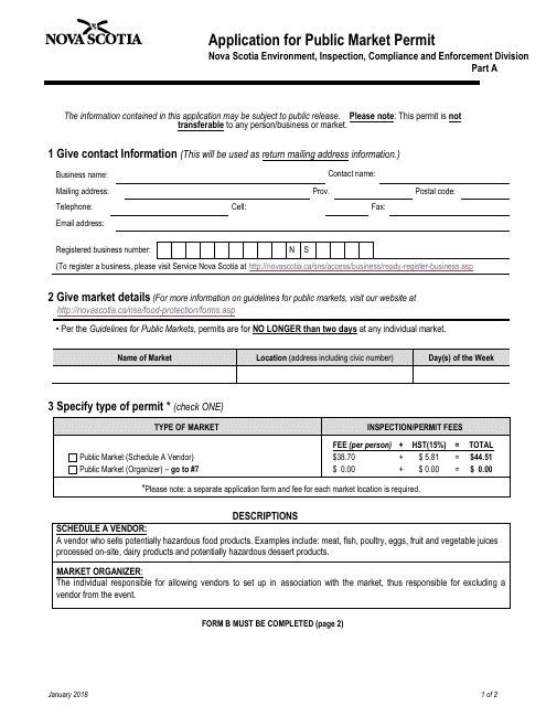 Application for Public Market Permit - Nova Scotia, Canada