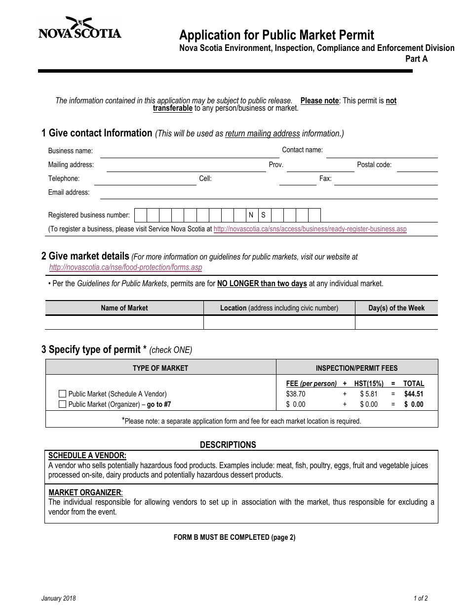 Nova Scotia Canada Application for Public Market Permit Download