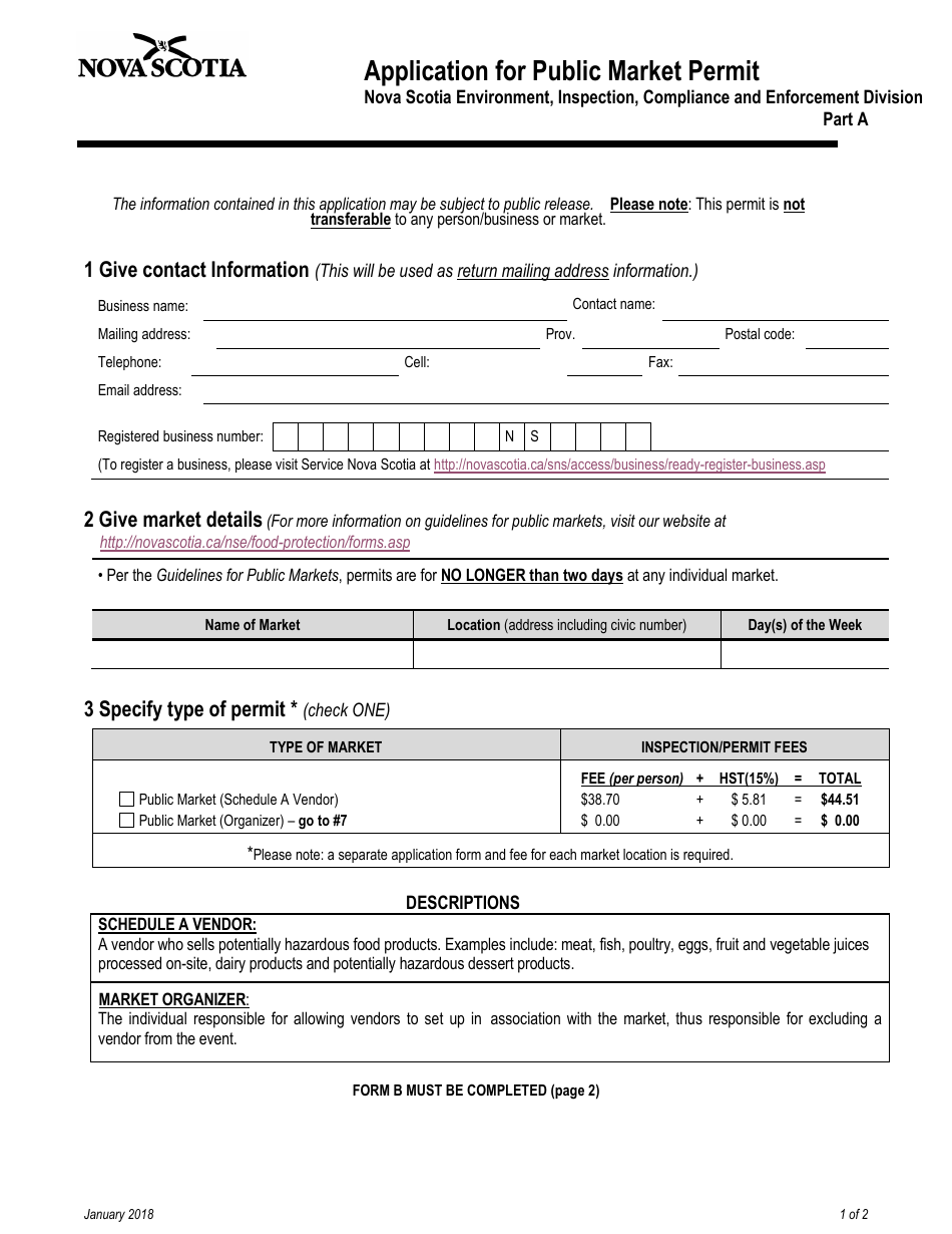 Application for Public Market Permit - Nova Scotia, Canada, Page 1