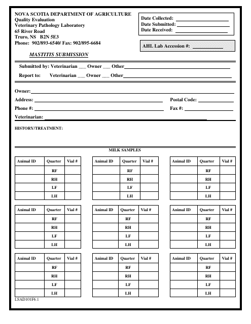 Form LSAD101F6.1 Mastitis Test Submission Form - Nova Scotia, Canada