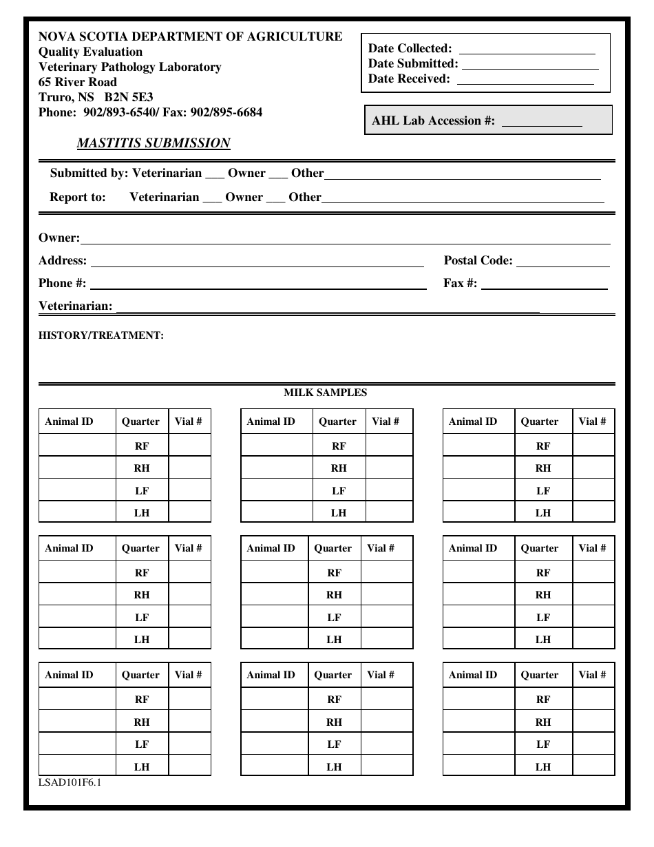 Form LSAD101F6.1 Mastitis Test Submission Form - Nova Scotia, Canada, Page 1