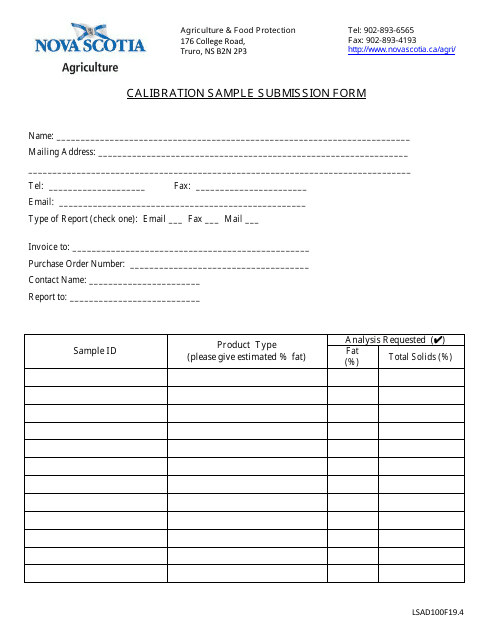 Form LSAD100F19.4 Calibration Sample Submission Form - Nova Scotia, Canada