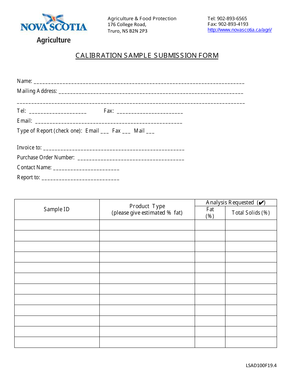 Form LSAD100F19.4 Calibration Sample Submission Form - Nova Scotia, Canada, Page 1
