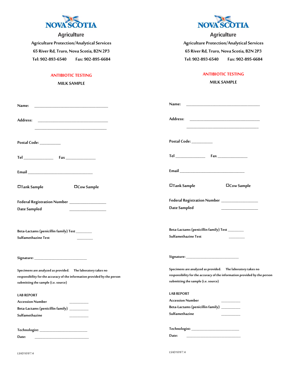Form LSAD101F7.4 Antibiotic Testing Form - Nova Scotia, Canada, Page 1