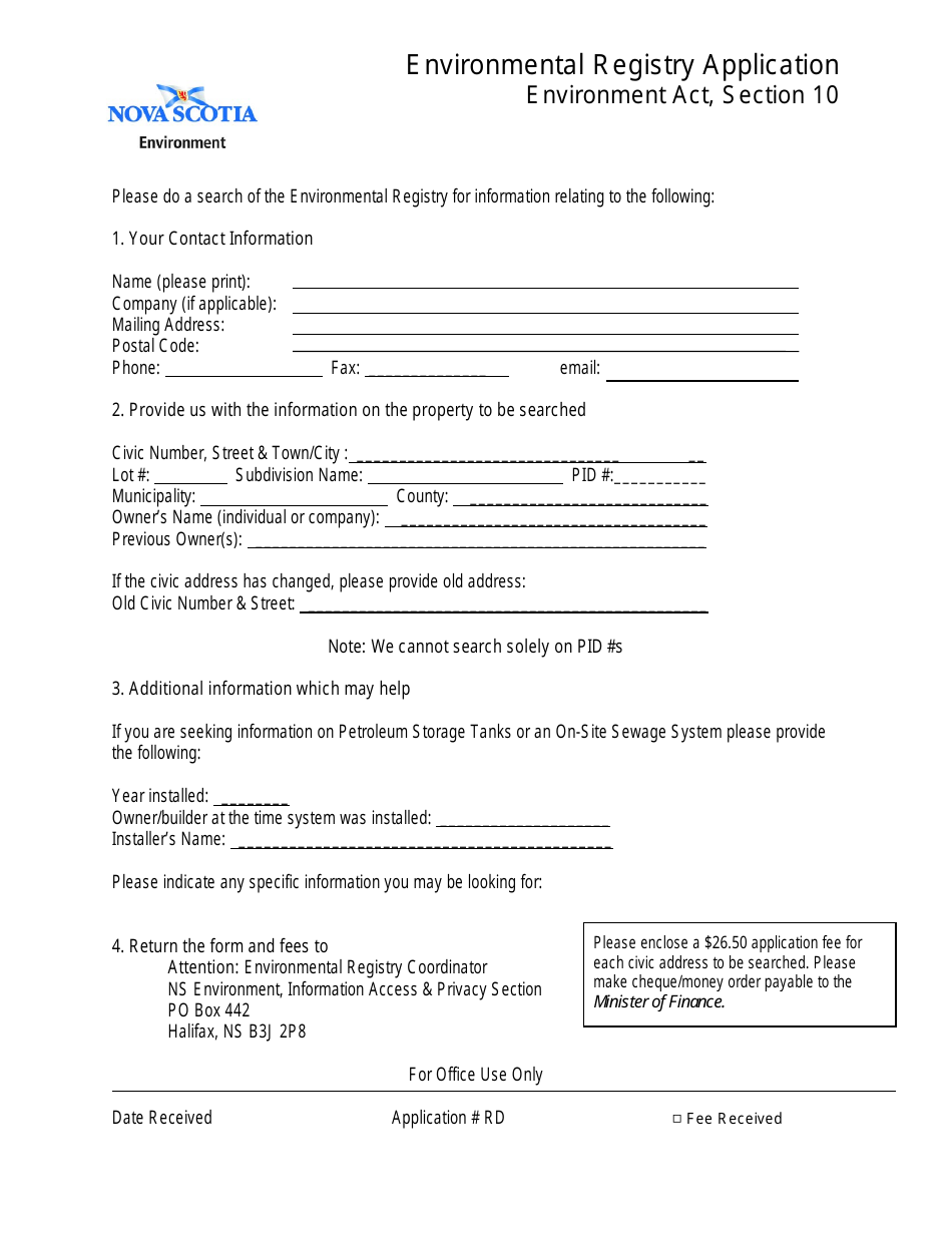Nova Scotia Canada Environmental Registry Application Fill Out, Sign