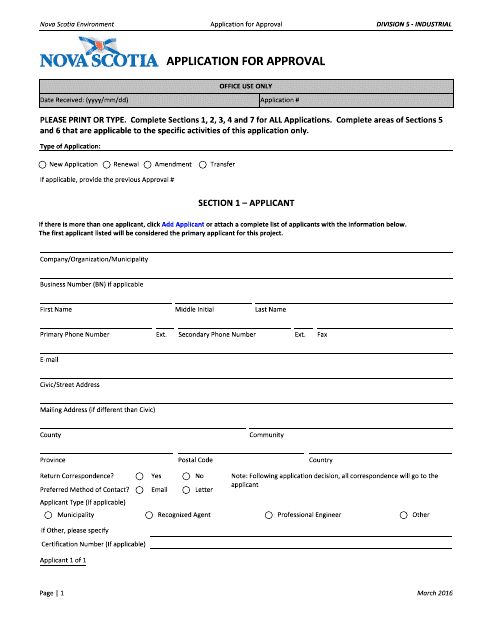 Application for Approval - Industrial - Nova Scotia, Canada