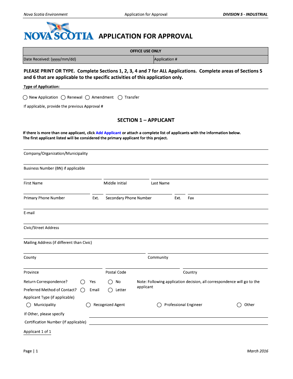 Application for Approval - Industrial - Nova Scotia, Canada, Page 1